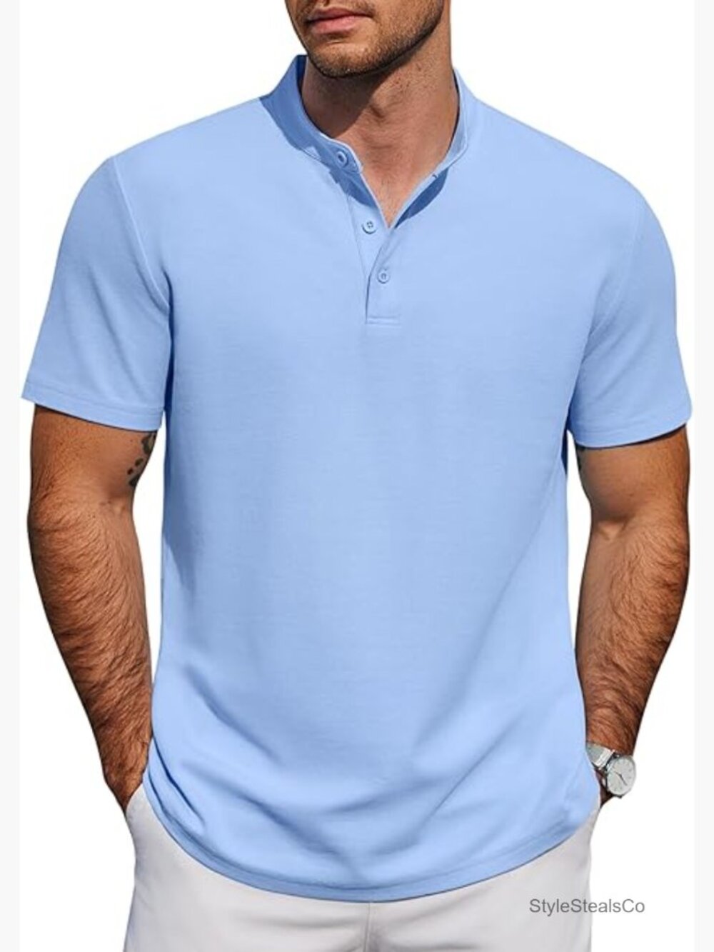 Men's Casual Henley Shirt Short Sleeve Cotton Pique Band Collar Summer Button